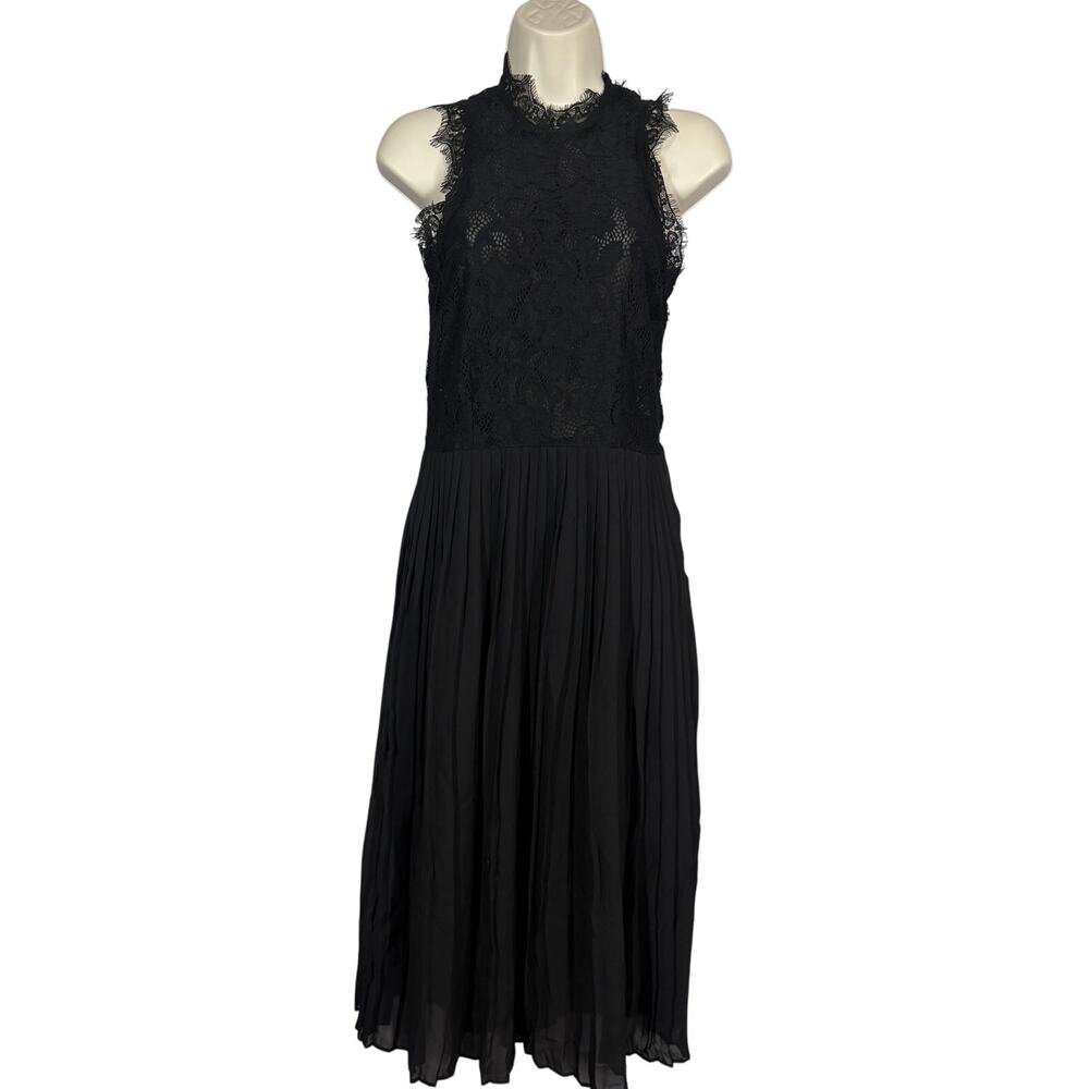 H&M Lace Midi Dress Flare Pleated Skirt Black High Neck Sleeveless - 6